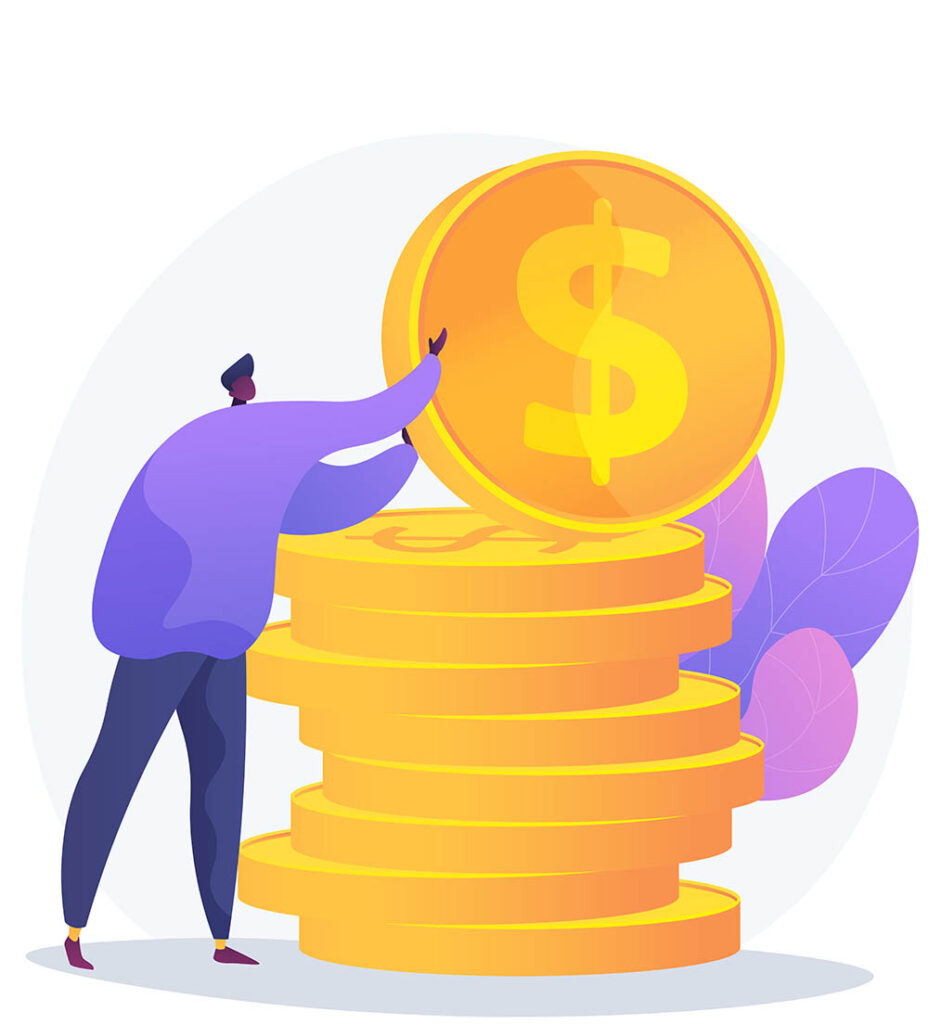 Finances management. Budget assessment, financial literacy, accounting idea. Financier with cash, economist holding golden coin cartoon character. Vector isolated concept metaphor illustration